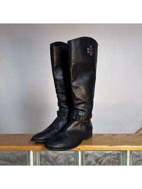 Tory Burch Black Leather Riding Boots with Logo Detail